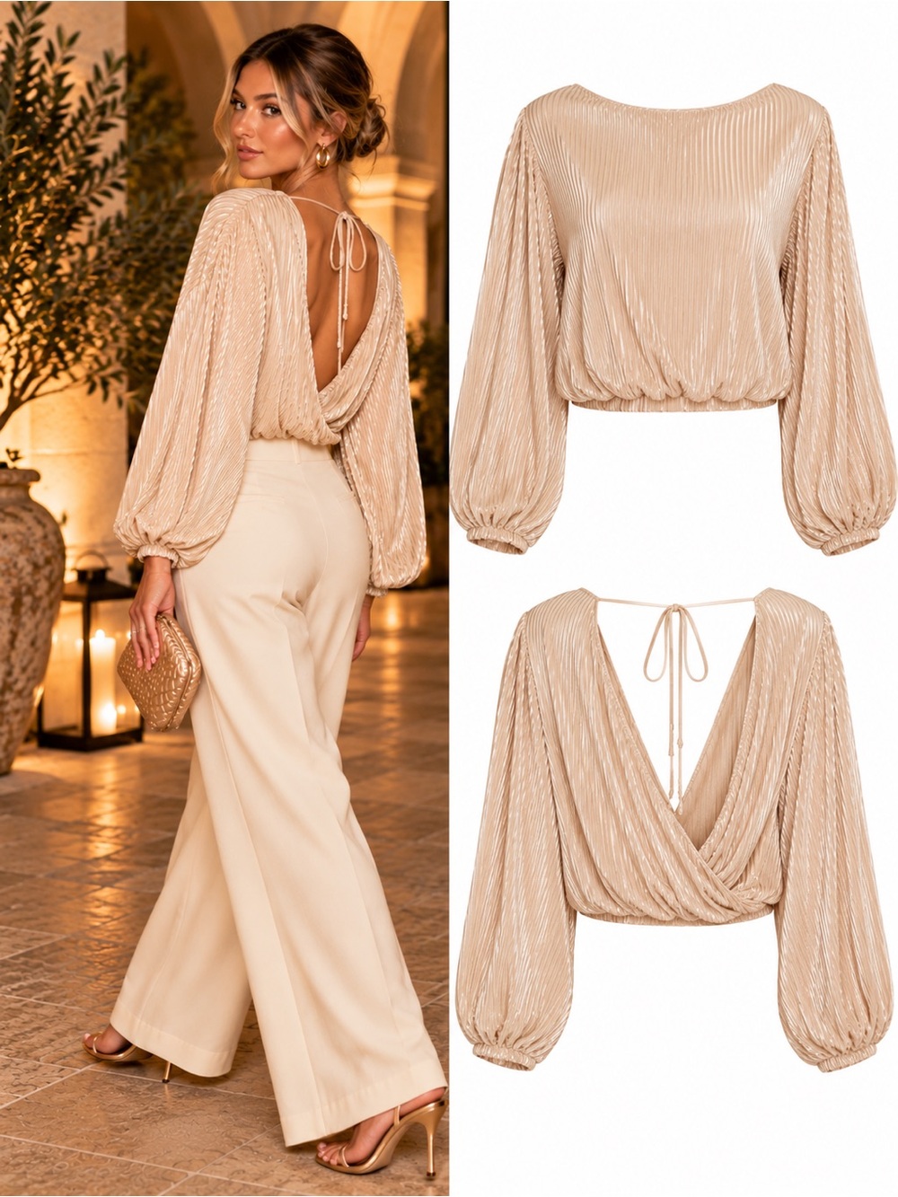 ASTR the Label Emlyn Champagne Plissé Open Back Blouse Top Size Large